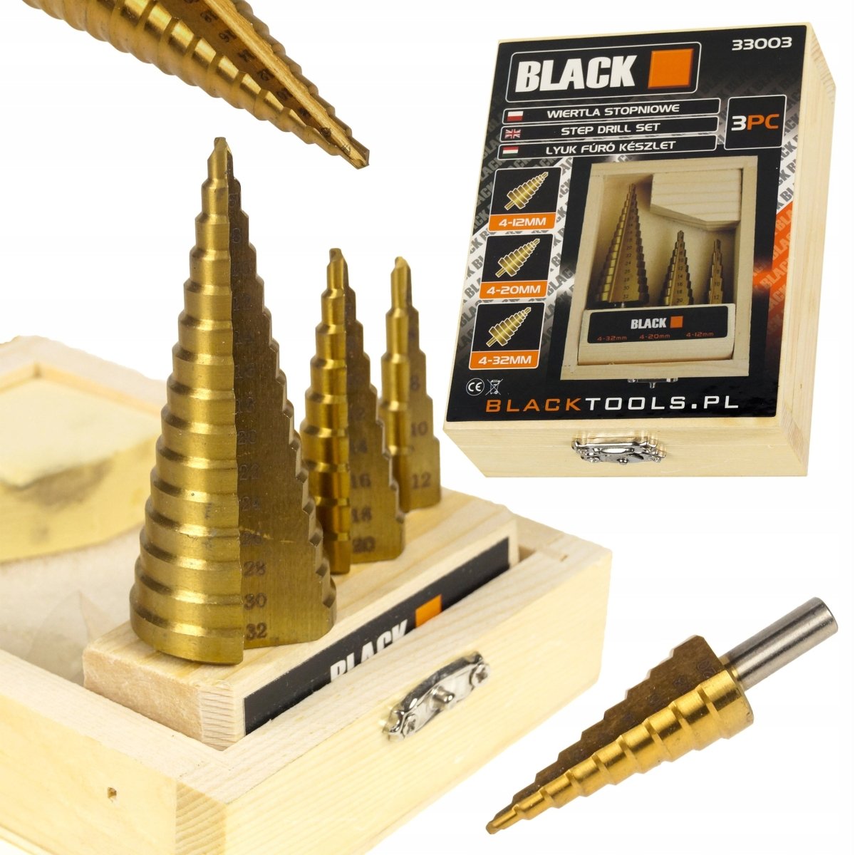 Titaaniga kaetud koonuspuuride komplekt 3 tk, 4–32 mm - Ostuklikk